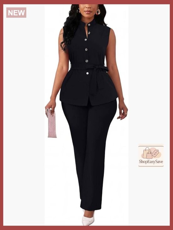 Pants - 2 Piece Outfit Sleeveless Belt Blouse Flare Pants Business Suit Set Dressy